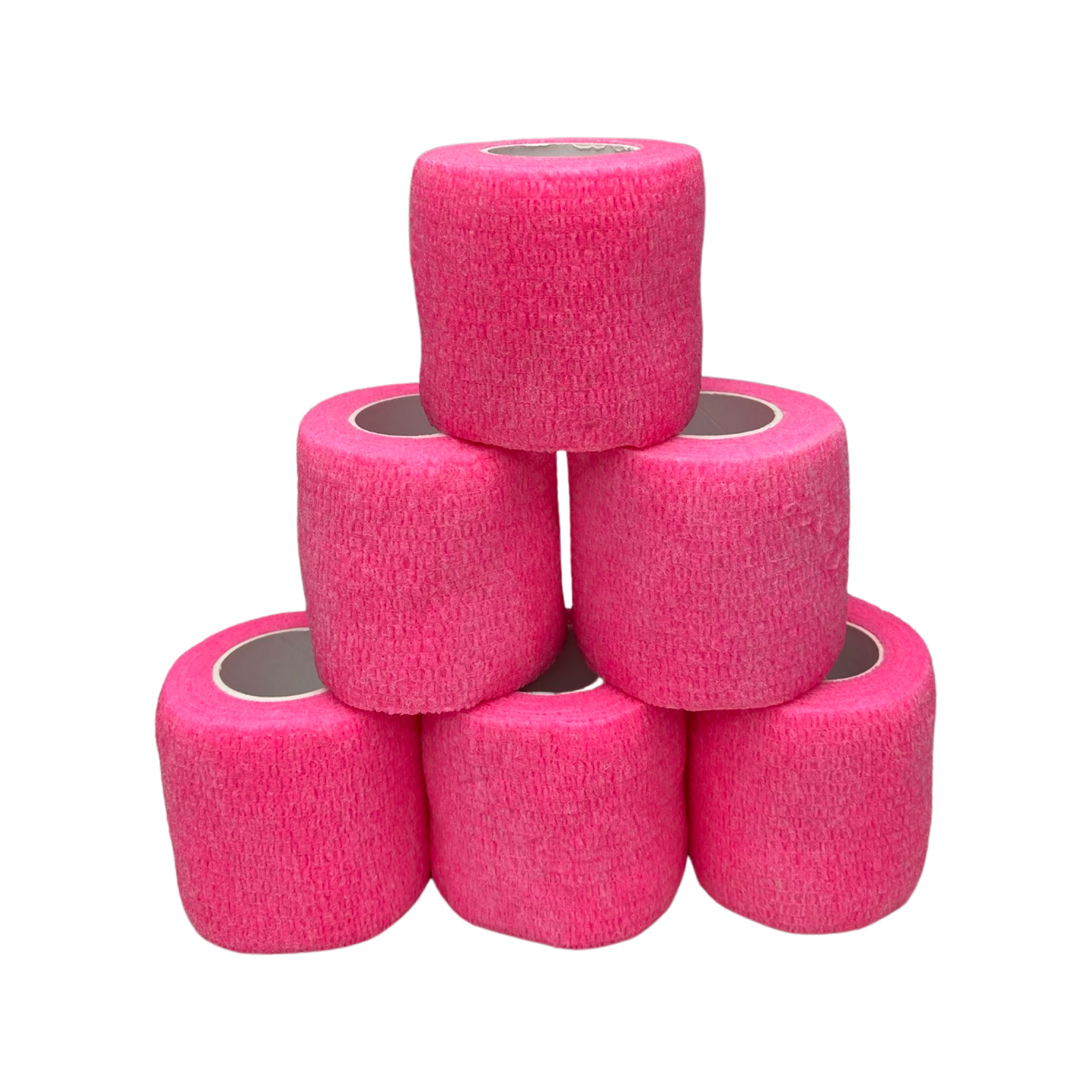 Six rolls of pink grip tape stacked on top of each other is a tier. 