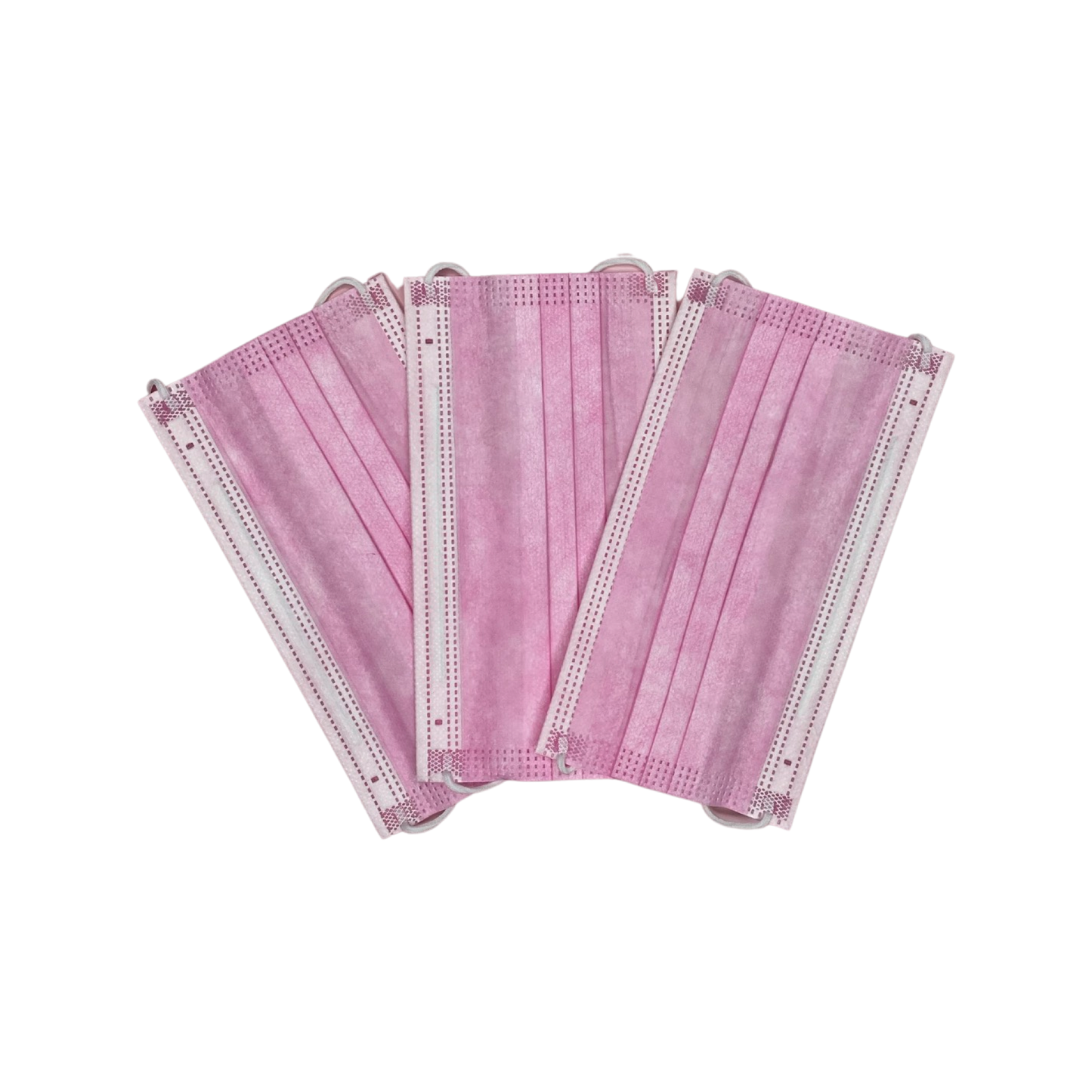 Three pink and white disposable face masks lying flat slightly stacked on top of each other. 