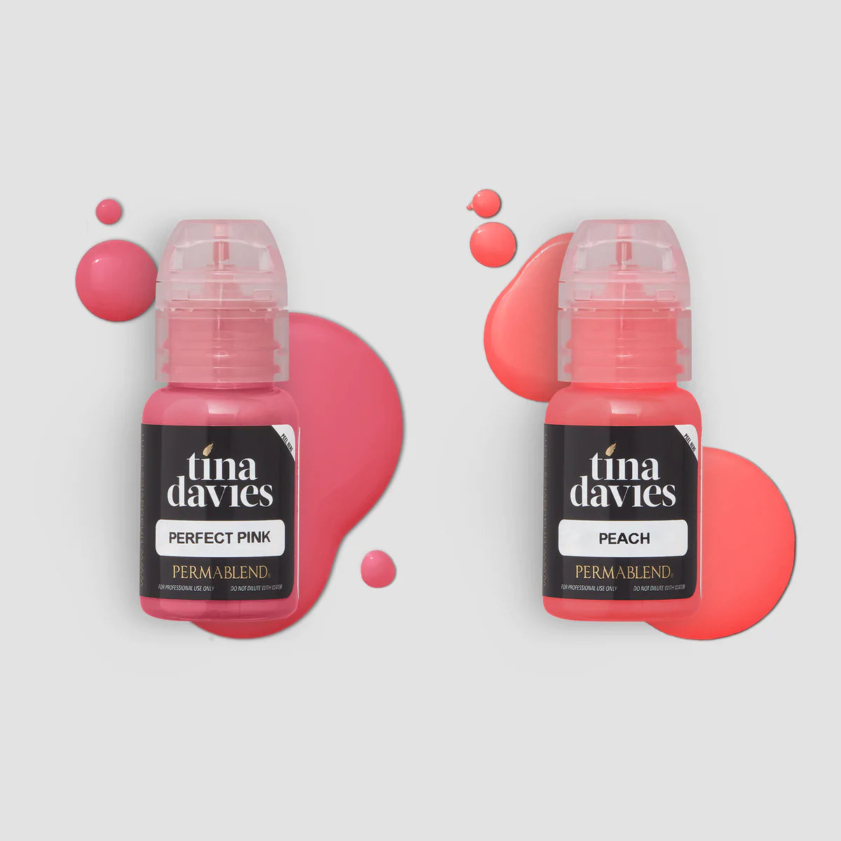 Two tina davies lip pigments in bottles left is perfect pink and right is peach. Bottle are clear so you can see the vibrant color through them.